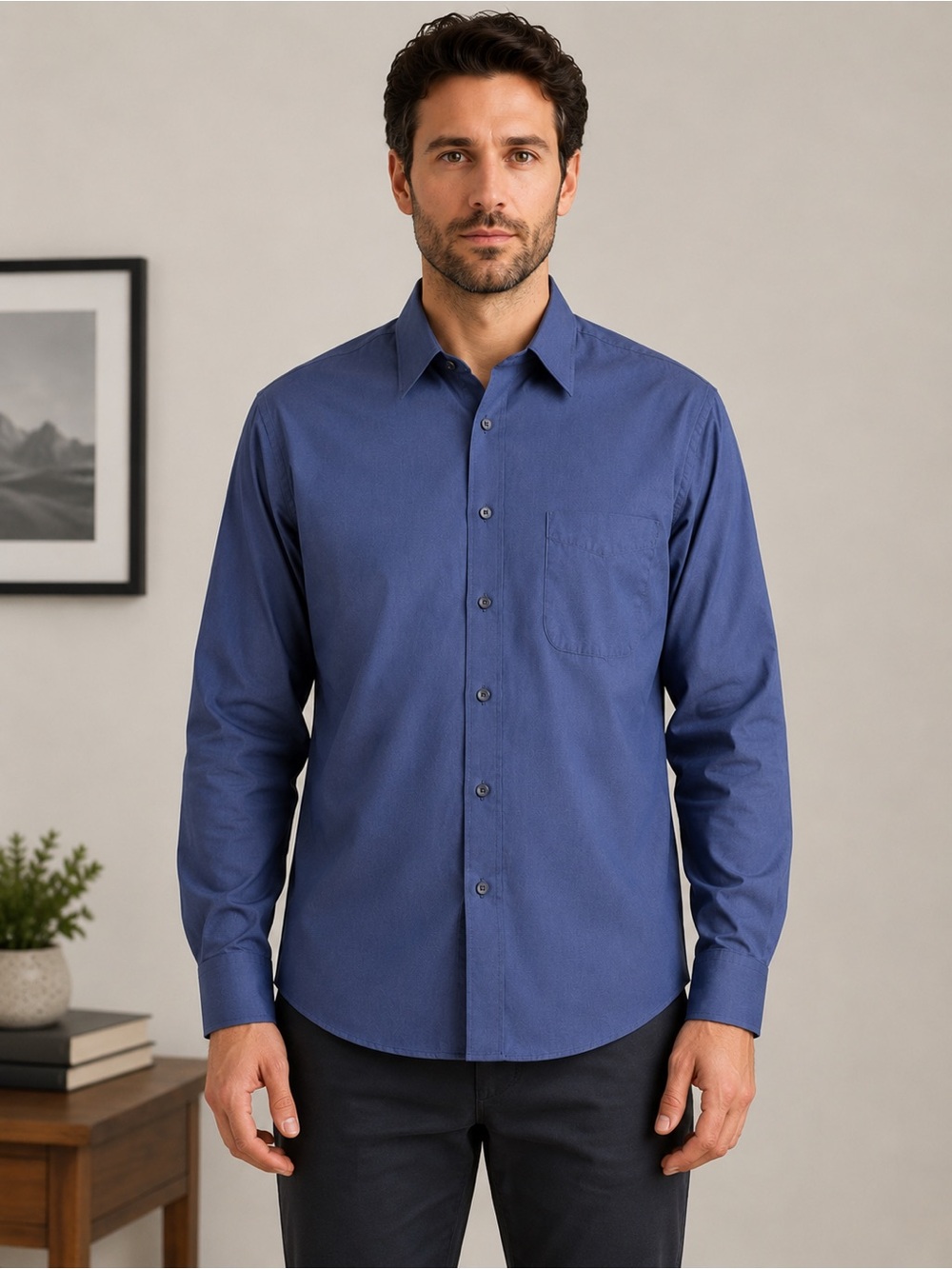 Mens Large Blue Wrinkle Resistant Dress Shirt Casual Office Button Up‎ Career